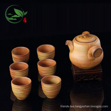Handmade Crude Ceramic Tea Set Including One Long Handle Tea Pot& 6 Brown Tea Cups In Package Gift Box